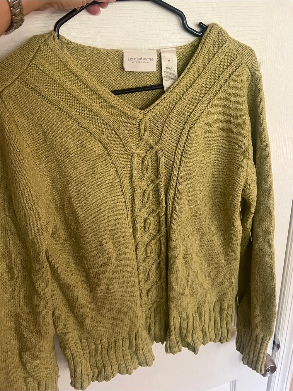 Liz Claiborne Olive Tone Cable-Knit V-Neck Sweater
